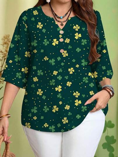 EMERY ROSE Plus Size Casual Minimalist St. Patrick's Day Clover Print V-Neck Shirt, Suitable For Summer, Summer Top, Green Top
