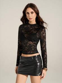 SHEIN Tall Women's See-Through Long Sleeves Sexy Lace T-Shirt - Black - View 5