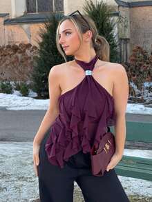 Jeta Ari 女式优雅多层荷叶边立领修身背心 - 中紫紅色 - 查看 2