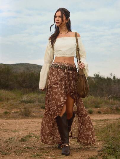 WESTFADE Floral Print Chiffon Asymmetrical High Low Ruffle Skirt Spring, Summer, Vacation, Resort Wear, Cute, Casual, Boho, Nashville, Cowgirl, Stagecoach, Coachella, Festival, Western Wear