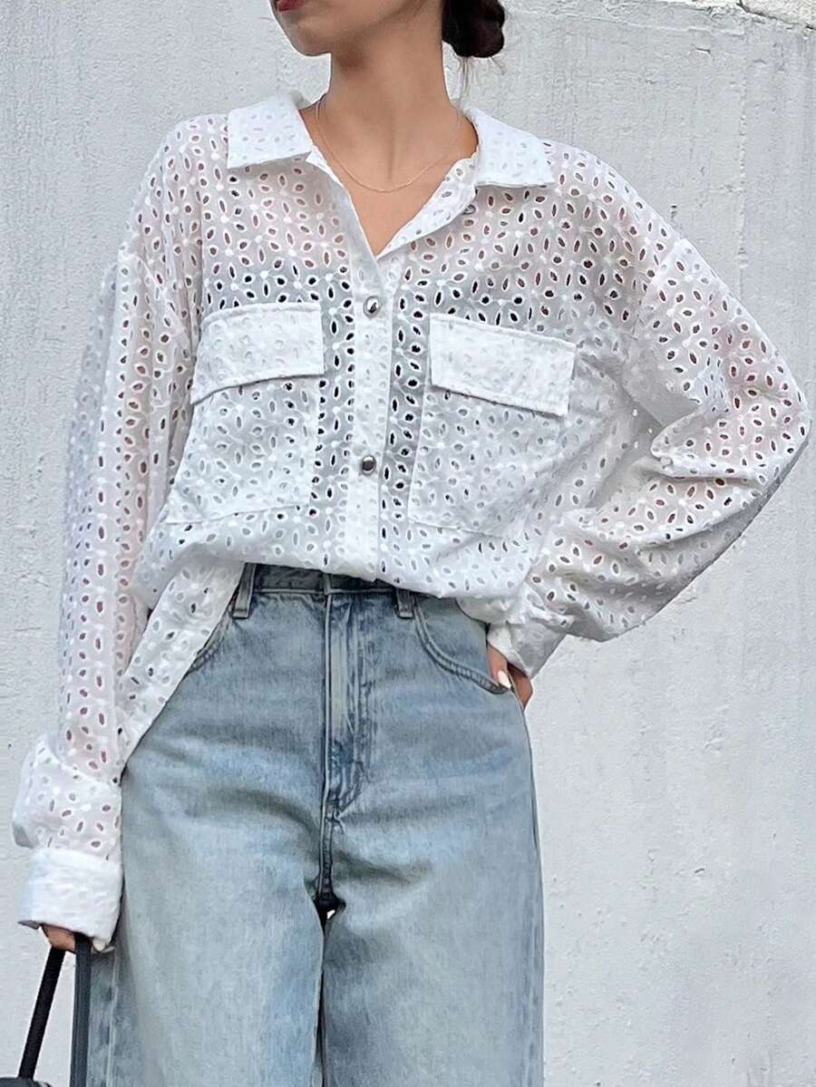 FRIFUL 女款白色透視蕾絲刺繡紋理寬鬆休閒百搭長袖襯衫 - 白色 - 查看 1
