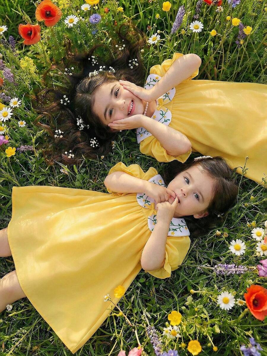 Souflis Souflis 夏季女童田园风彼得潘领蝴蝶结刺绣泡泡袖连衣裙，4-7岁，休闲时尚 - 黃色 - 查看 1