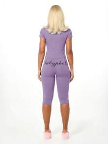 BABYPHAT Women's Purple Lavender Basic Jersey Capri Leggings With Script Text Print Comfortable Mid Length Casual Bottoms - Lilac Purple - View 2