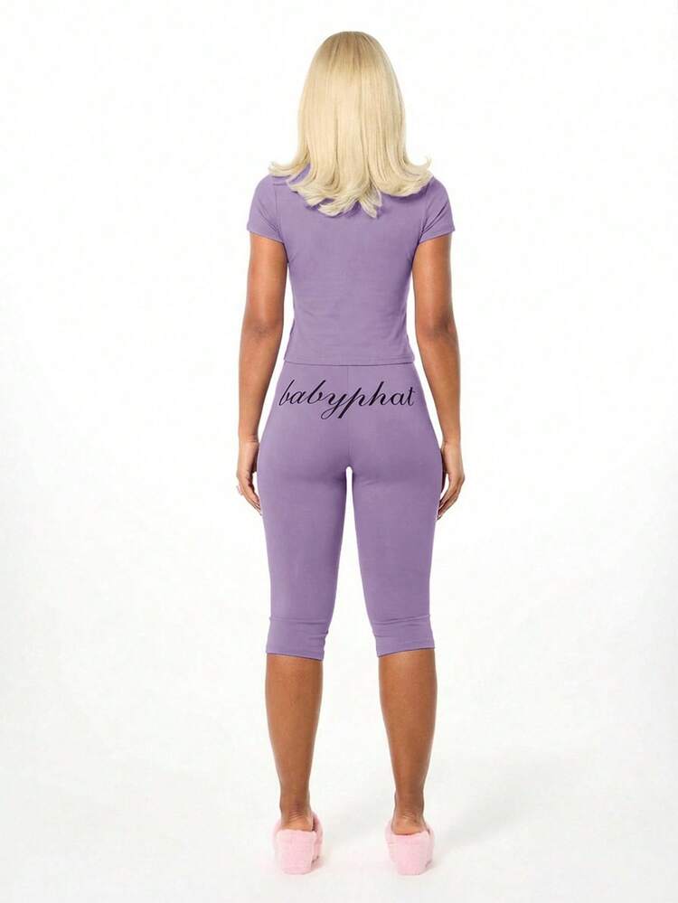 BABYPHAT Women's Purple Lavender Basic Jersey Capri Leggings With Script Text Print Comfortable Mid Length Casual Bottoms