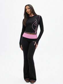 BABYPHAT Contrast Detail Flare Leggings With Pink Hood And Side Seam Piping For Casual Everyday Wear - Black - View 5