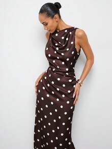 SHEIN Maija 女士无袖垂领波点缎面夏季连衣裙 - 咖啡棕 - 查看 6