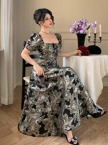 DAZY 女士花卉提花方领花瓣袖优雅中长连衣裙 - 黑色 - 查看 1