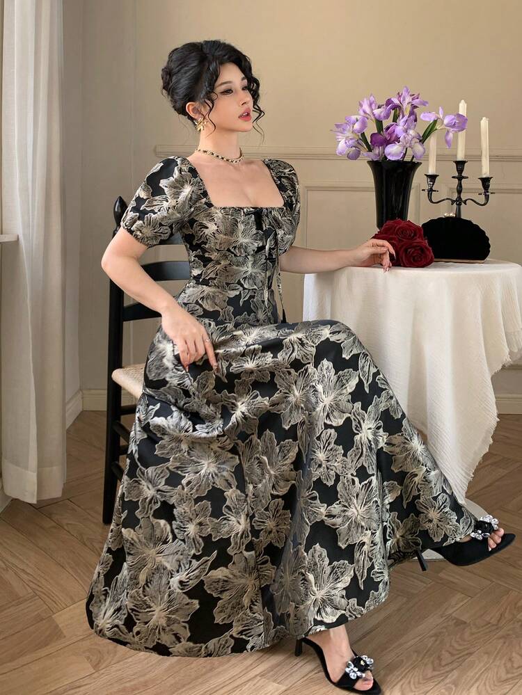 Women's Floral Jacquard Square Neck Petal Sleeve Elegant Mid-Length Dress Sundress