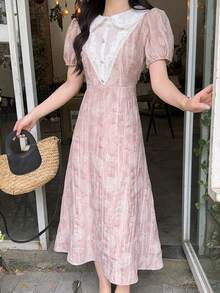 DAZY Robe d'été femme style rétro français, col claudine contrasté, dentelle au crochet, taille cintrée, manches à volants - Rose bonbon - Voir 3