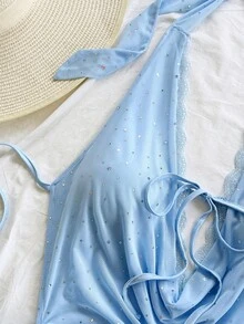 Soleia Women's Light Blue Summer 70's Party Disco Vacation Holiday Lace Patchwork Mesh Sequin Ruffle Hem Draped Neck Mini Dress, Boho Birthday Outfit - Baby Blue - View 3