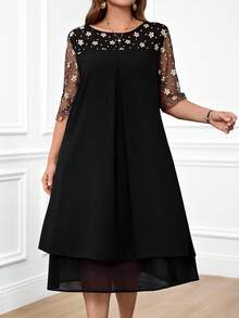 Miaspire 女式大码休闲宽松网眼拼布连衣裙 - 黑色 - 查看 5