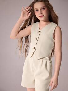 Tween Girl Casual Elegant Commute Street Fashion Textured Button Front V-Neck Sleeveless Top And Straight Leg Shorts Set, Khaki Beige Elegant Color - Beige - View 4