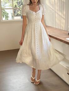 Livesso 夏季波点优雅派对沙滩婚礼及活动毕业典礼假日复活节翻领腰部花瓣袖度假中长连衣裙女式吊带裙 - 黑與白 - 查看 6