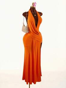 Amplova Women's Halter Neck Backless Dress, Sexy & Avant-Garde, Suitable For Dates & Parties, Draped Design - Baby Blue - View 11