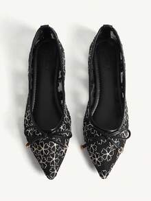 CUCCOO CHICEST Pointed Toe Mesh Breathable Bow Lace Ballet Shoes, Elegant Lady Versatile Black Slip-On Shoes - Black - View 1