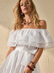 Bóhologie Boderie Off-Shoulder Belted Maxi Dress, High Quality Fabric, Summer Look - White - View 9