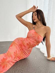 SHEIN PETITE 女士碎花不对称领修身无袖连衣裙 - 彩色 - 查看 8