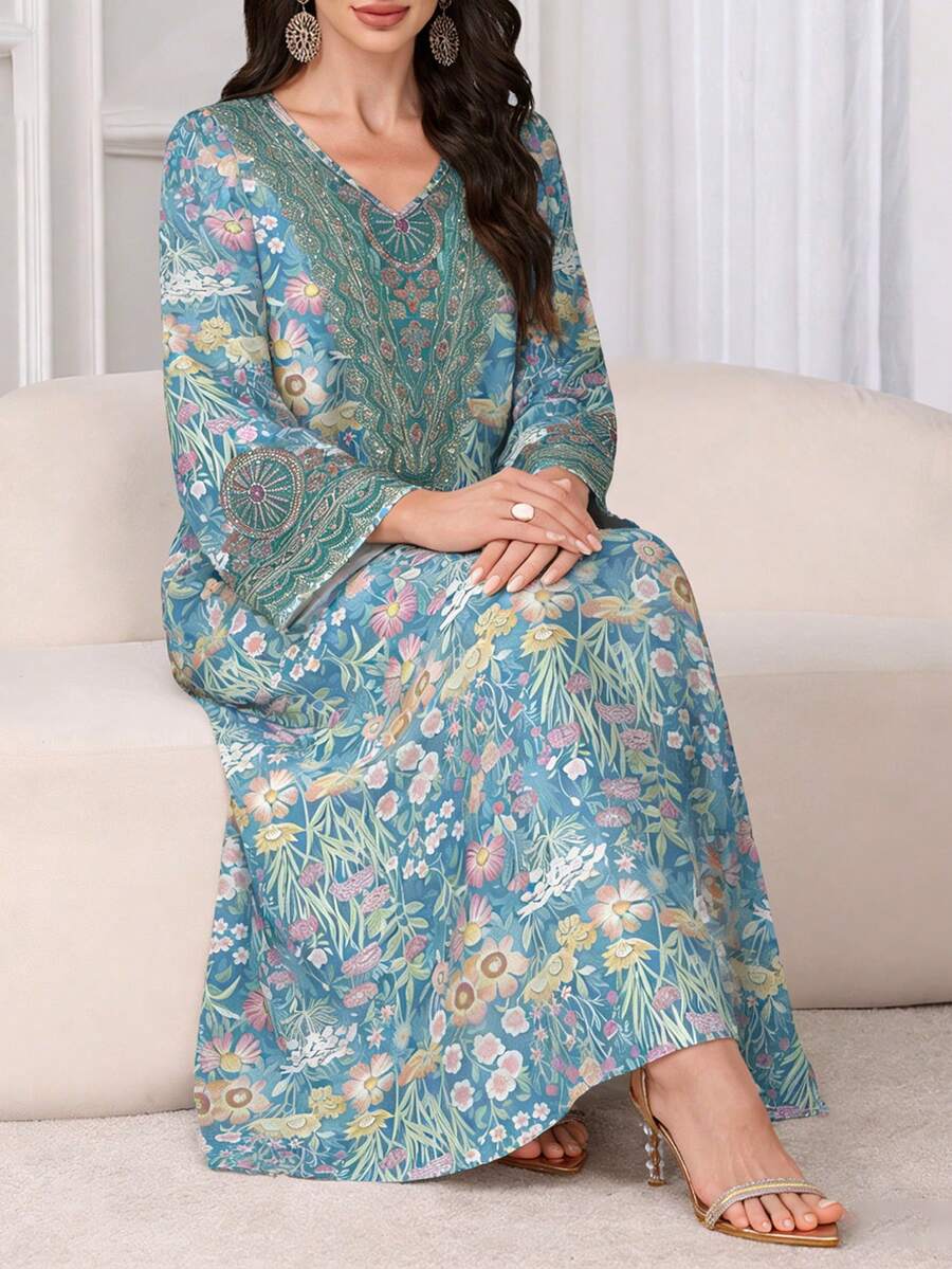 SHEIN Najma 大码女式梦幻花卉刺绣复古印花V领长袖优雅阿拉伯风格长款连衣裙,春夏款 - 彩色 - 查看 1