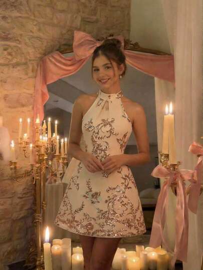 SHEIN MOD Women's Summer Sequin Floral Embroidery Zipper Back Mini Dress,Summer,Vacation Outfits, Retro, Vintage,Country Outfits,  Going Out,Teacher Outfits For Women,Date, Picnic, Party, Prom, Festival,Birthday Wear, Cottagecore Dress,Tea Party Dress,Milkmaid Dress,French Style Dress,Floral Print Dress