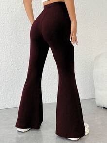 SHEIN PETITE 女士休闲运动日常通勤纯色高腰提臀喇叭裤阔腿裤女士高腰阔腿紧身裤女士高个子长裤女士喇叭打底裤阔腿瑜伽裤 - 酒紅色 - 查看 2