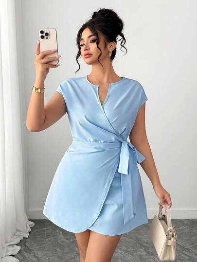 Elenzga Vestido de verano casual de talla grande para mujer, minimalista, de unicolor, con cuello en pico, cintura con lazo y mangas cortas