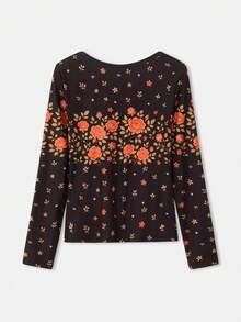 lacRébo Vintage Fitted Button-Up Top With Rose Floral Print, Spring Summer Office - Black - View 8