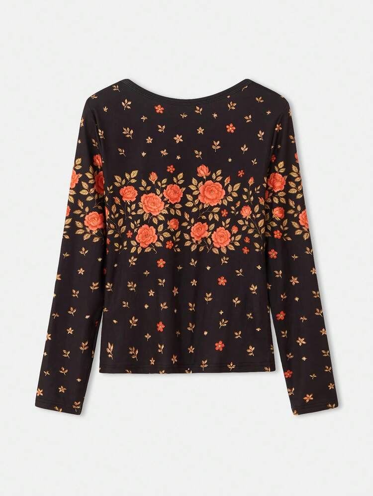 Vintage Fitted Button-Up Top With Rose Floral Print, Spring Summer Office