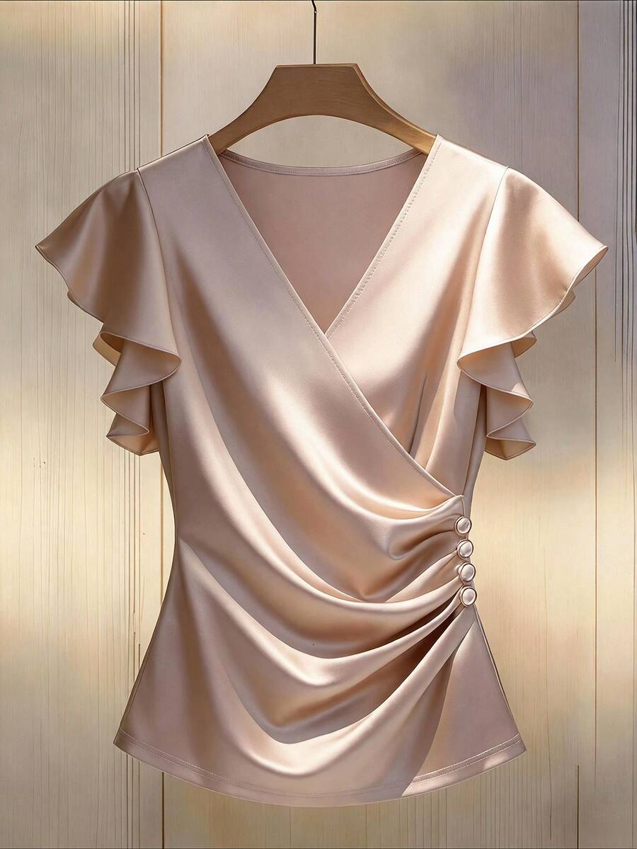 GlowEve Women's Champagne Satin Texture V-Neck Ruffle Sleeve White & Gold Metal Hand-Stitched Button Waist Pleated Design Slimming Fashionable Elegant Commuter Versatile Spring/Summer T-Shirt - Champagne - View 1