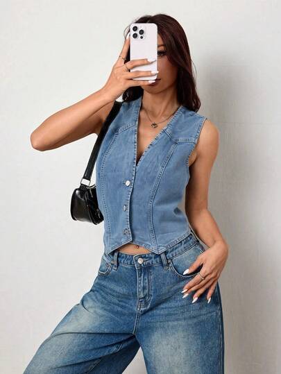 Chaleco Vaquero Femenino Sin Mangas, Cuello en V Ajustado y Botones Frontales, Estilo Casual