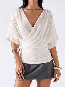 LYSMO 2026 新款极简主义春季/新款女士纯色重叠V领蝙蝠袖短袖休闲T恤，夏季 - 白色 - 查看 4