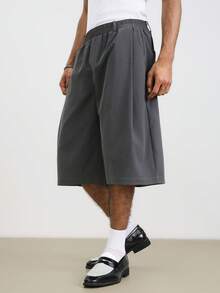 TOKVUE Men's Casual Everyday Commute Solid Color Elastic Waist Pleated Loose Wide Leg Cropped Pants - Dark Grey - View 1