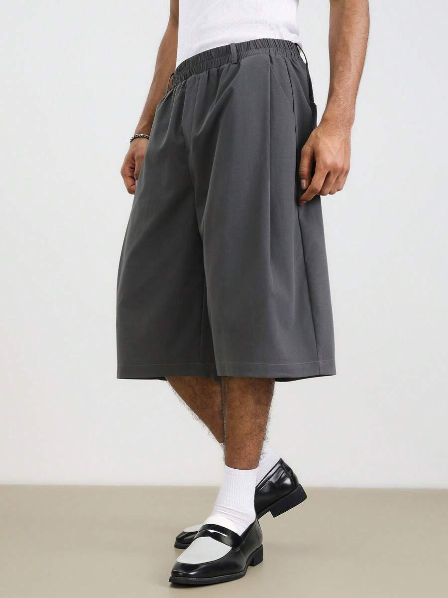 TOKVUE Men's Casual Everyday Commute Solid Color Elastic Waist Pleated Loose Wide Leg Cropped Pants - Dark Grey - View 1