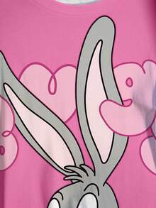 LOONEY TUNES X SHEIN Áo thun tay ngắn cổ tròn in chữ và hình thỏ hoạt hình, cỡ lớn, phong cách mùa hè - trắng - Xem 6