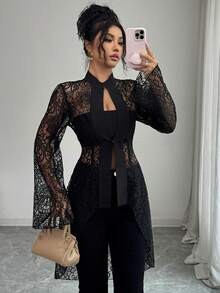 Elenzga 女士优雅性感黑色蕾丝休闲度假衬衫，前短后长设计，适合情人节、约会、派对、晚餐、春夏等场合。 - 黑色 - 查看 1