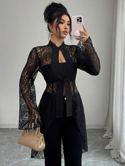 Elenzga 女士优雅性感黑色蕾丝休闲度假衬衫，前短后长设计，适合情人节、约会、派对、晚餐、春夏等场合。