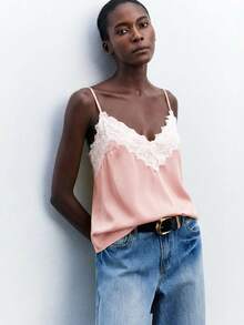 Maija 女士撞色蕾丝，优雅浪漫时尚舒适宽松可调节吊带背心，适合度假/商务休闲场合。 - 粉色 - 查看 6