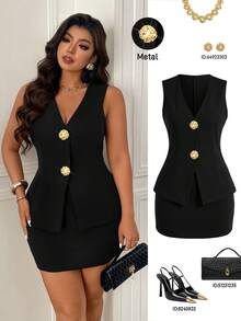 Femmeverse Gold Button Accent Chocolate Brown Custom Camisole And Mini Skirt Set - Black - View 3