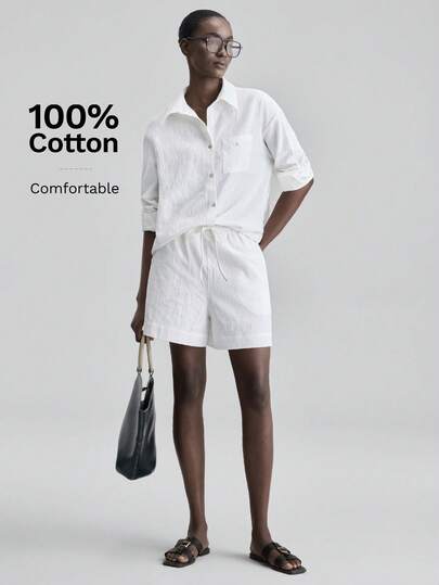 Ontre 2026 Spring/Summer New 2-Piece Set For Women, Woven Fabric, Valentines Day & Wedding Season, White Loose Shirt & Shorts, Fashion Business Casual, Independence Day, Urban Chic, Minimalist Commuter Style