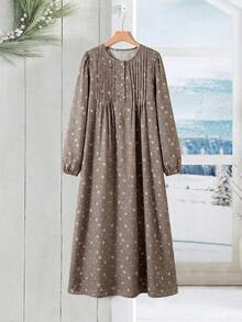 SHEIN LUNE 女士碎花休闲长袖连衣裙 - 藕粉色 - 查看 3