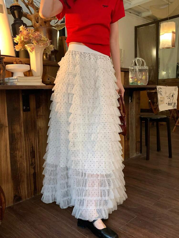 Women's Polka Dot Mesh Layered Maxi Tulle Skirt, Airy Voluminous A-Line High-Low Hem Skirt