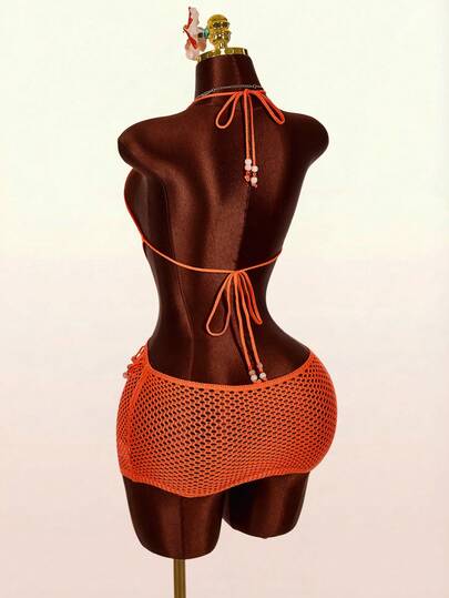 Amplova Vestido mini de ganchillo para mujer, sexy y vanguardista, adecuado para festivales de música, unicolor con detalles de perlas, espalda descubierta y superposición transparente, lindo