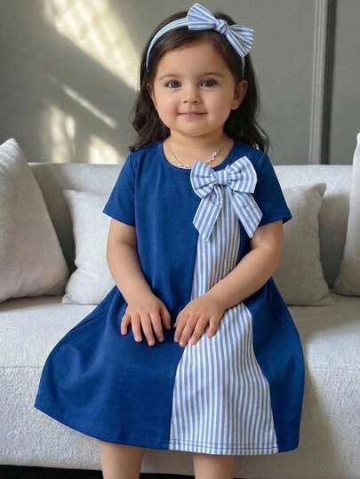 SHEIN Baby Girl Cute And Versatile Casual Short-Sleeved Dress Features Striped Pattern With A Bow Detail. Comfortable, Casual, Versatile, And Stylish For Everyday Wear, It's Perfect For Autumn And Winter, Including Birthday Parties, Evening Parties, Performances, Weddings, Baptisms, School Ceremonies, Indoor And Outdoor Events