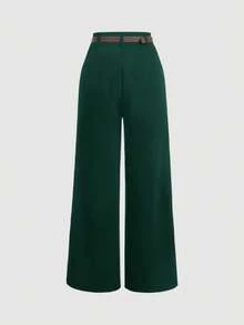 SHEIN Tall CURVE 大码女式休闲直筒裤，配腰带 - 綠色 - 查看 2