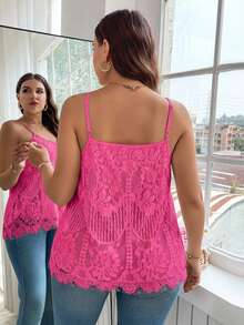 Reflora Áo camisole ren cổ tim màu trơn dáng rộng mùa hè cỡ lớn - Màu Hồng Tươi - Xem 2