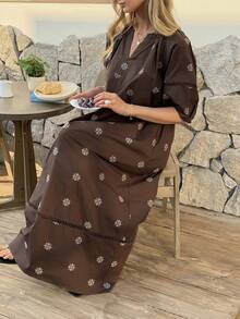 Livesso Women's Minimalist Printed V-Neck Short Sleeve Dress - Brown - View 8