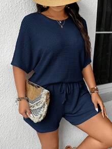 SHEIN Frenchy 大码纯色夏季新款休闲T恤短裤两件套 - 藏蓝色 - 查看 6