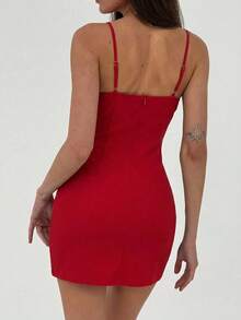 Aloruh Vestido mini de línea A con Body ceñido, con flores de rosa 3D de color rojo sólido para el Día de San Valentín de las mujeres - Rojo - Ver 2