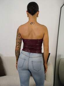 SAYEHFBABY 1 件紫红色鳄鱼印花涂层 PU 弹性腰部褶饰露背吊带背心，性感休闲高街派对俱乐部女装，适合秋冬、圣诞节、新年 - 酒紅色 - 查看 2