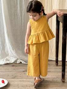 LMoss Kids Baby Girl Summer Casual Solid Color Ruffle Hem Top And Pants Set - Yellow - View 9