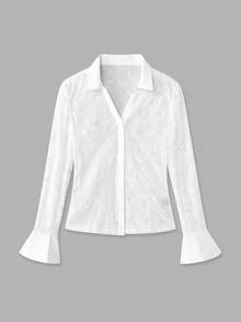 lacRébo Áo sơ mi trắng ôm dáng với phần thân áo ren, cổ áo và tay áo loe đính sequin, trang phục mùa thu đông dành cho nữ. - trắng - Xem 7